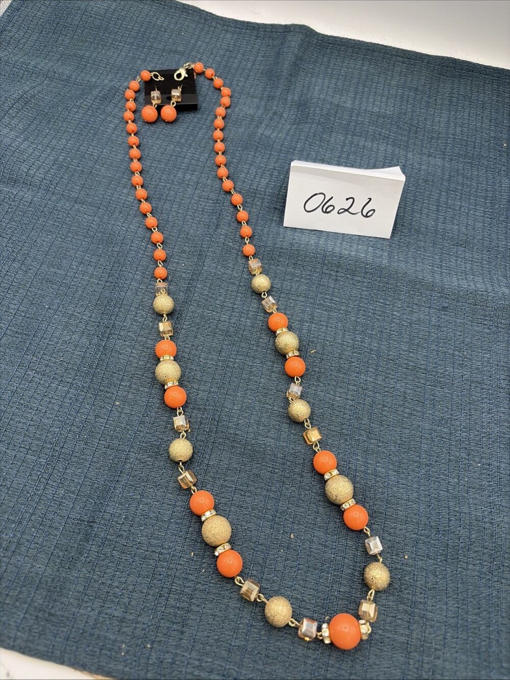 Vintage Circa 1970s Orange & Gold Beaded 36” Necklace With Matching Earrings